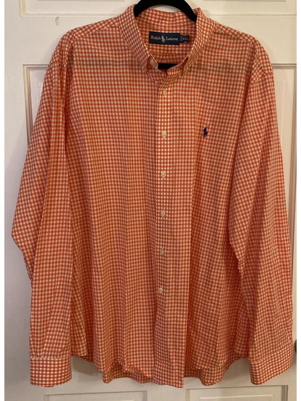 Polo Ralp Lauren Men 2XL Button Down Shirt Orange Gingham Check Pony Logo Cotton